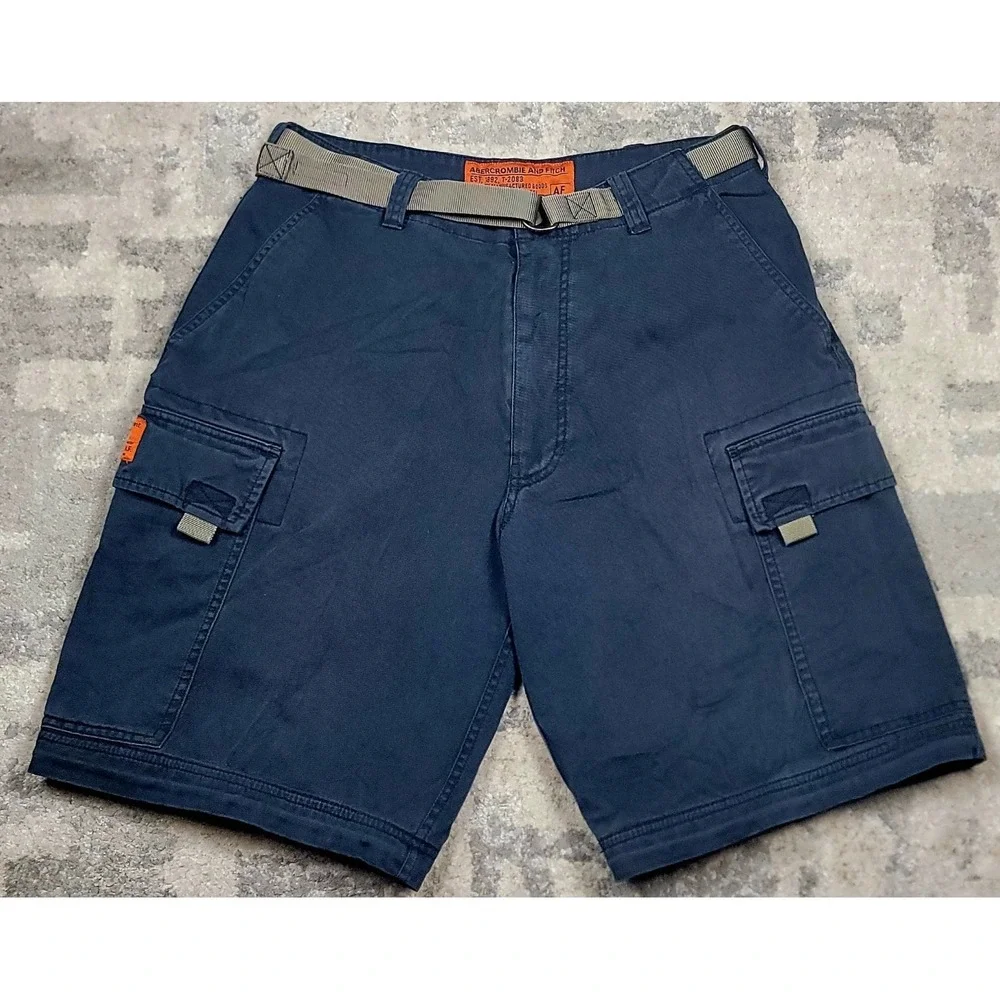 VTG Abercrombie & Fitch Men's Navy‎ BLUE Cargo Belted Canvas Shorts Sz SM 31X10